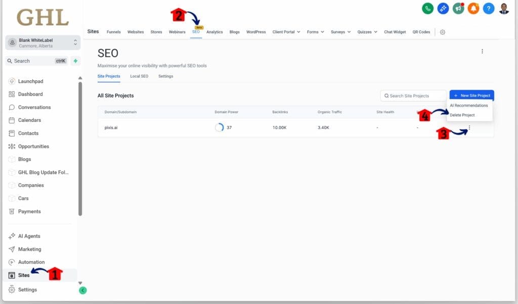 ghl-seo-site-project-delete-option How to Delete an SEO Project