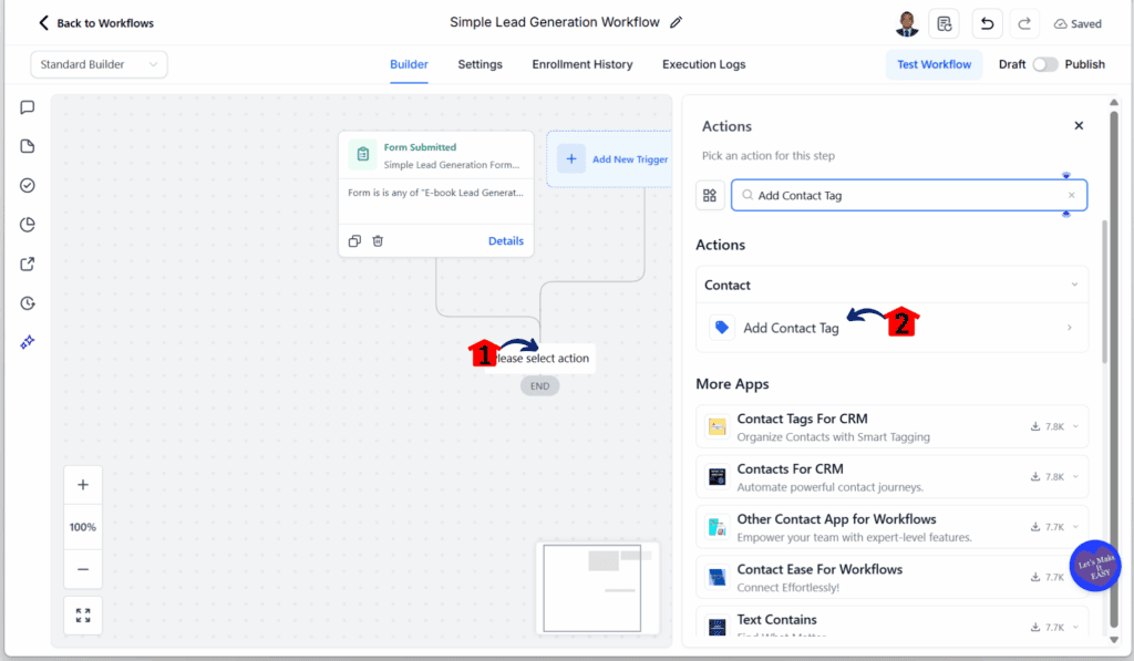 GoHighLevel Lead Generation Funnel – Add Contact Tag Action