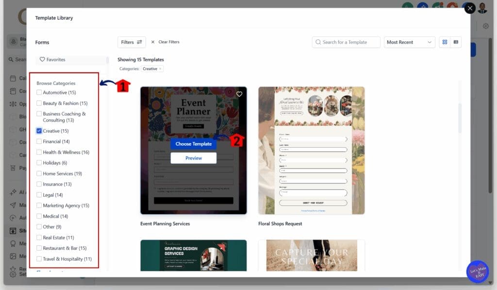 GoHighLevel Lead Generation Funnel – Select a Form Template