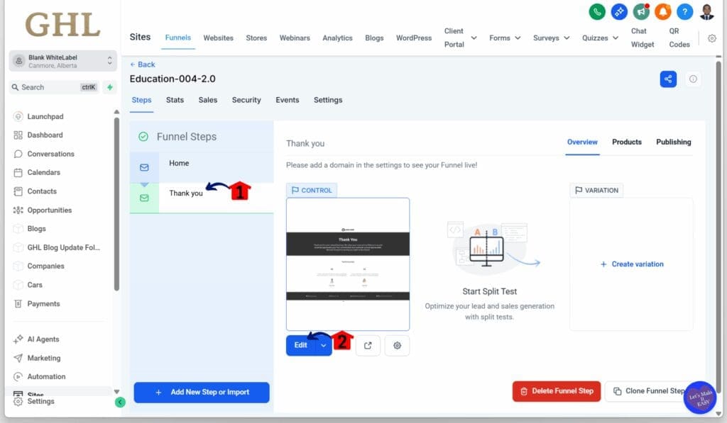 Lead Generation Funnel – Open the Thank You Page Editor
