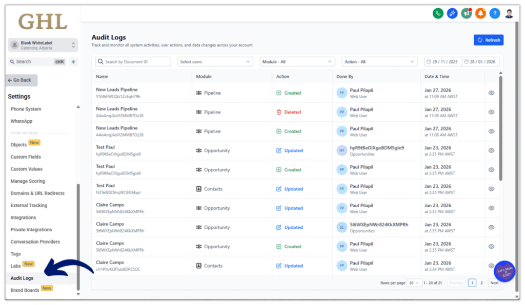 GoHighLevel Audit Logs