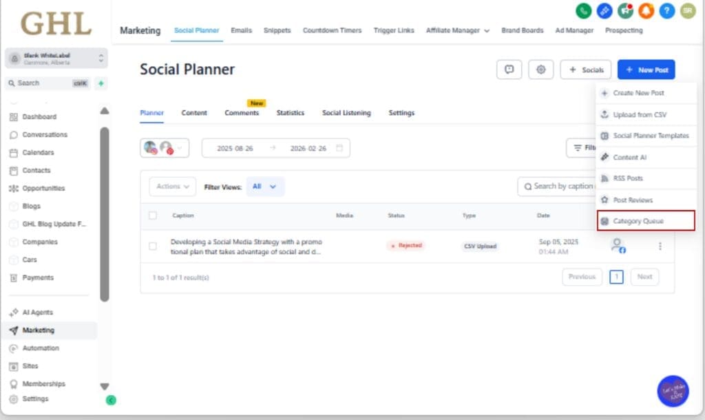 Social Media Scheduler
 - Access Category Queue Settings
