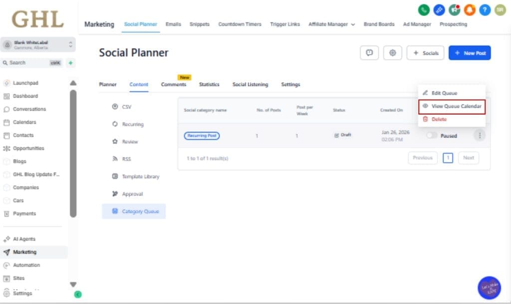 GoHighLevel Social Media Scheduler
 - View Calendar Layout