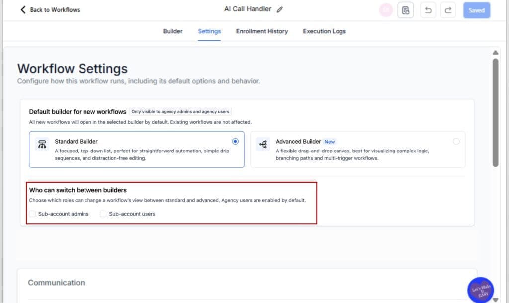 GoHighLevel Workflow Builder Settings
 - Define Who Can Switch Builders