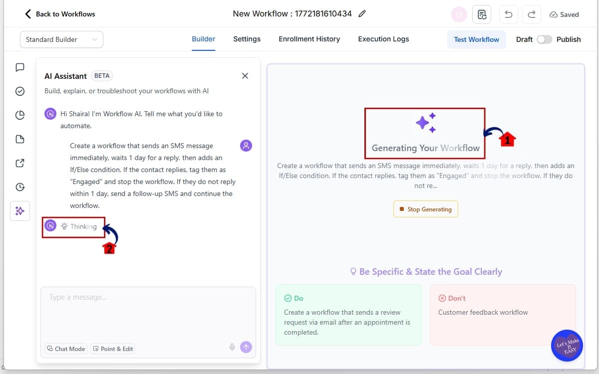 GHL AI workflow editing
 - GHL AI Builder is Generating your Workflow