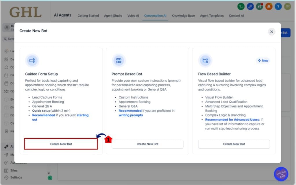 GoHighLevel Conversation Summaries
 - Choose if Guided Form Setup, Prompt Base Bot or Flow Based Builder