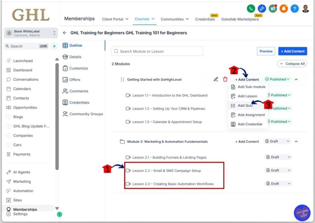 GHL build online course – Add More Lessons and a Quiz
