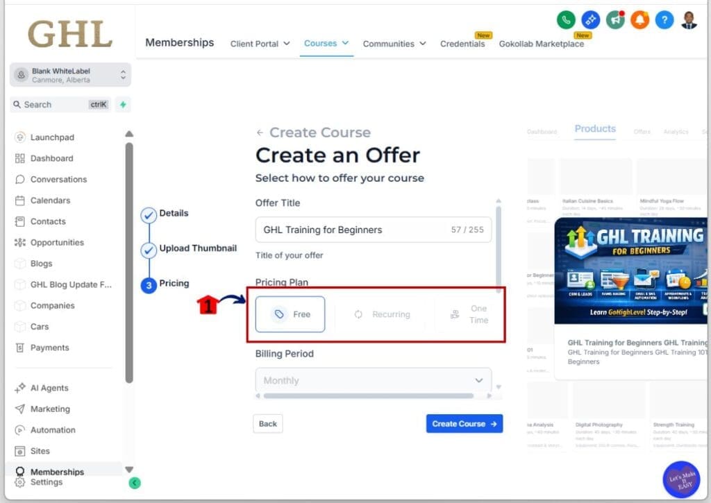 GHL build online course – Choose Your Pricing Plan