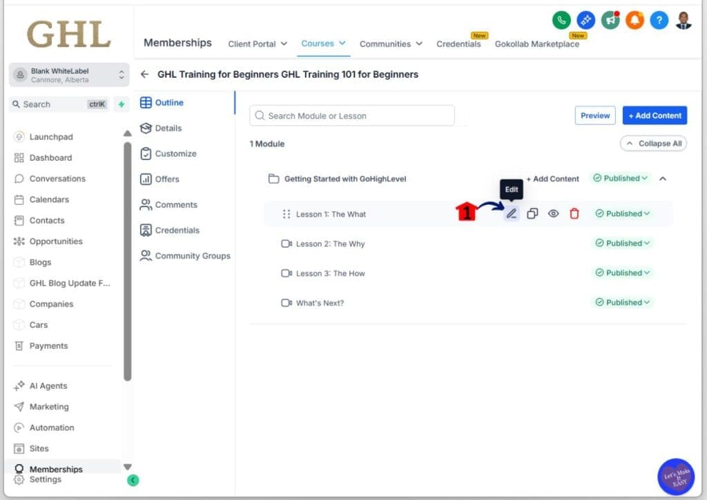 GHL build online course – Edit the First Lesson