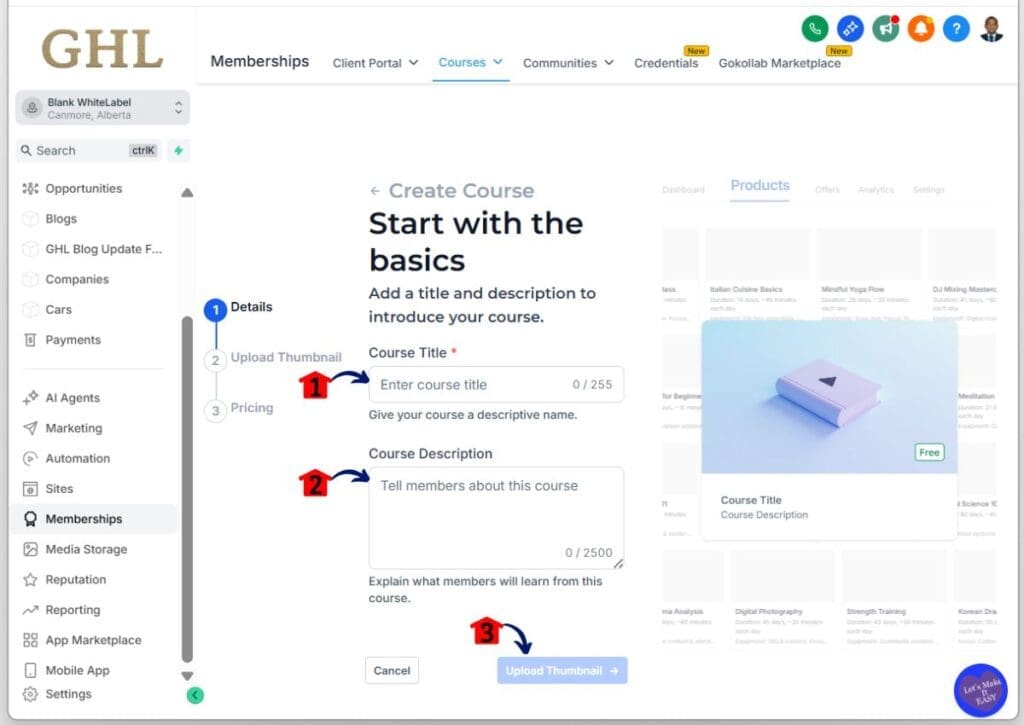 GoHighLevel build online course – Add Course Title and Description