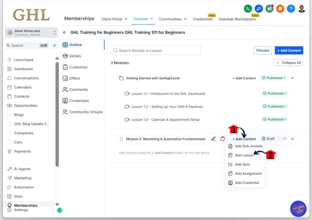 GoHighLevel build online course – Add a Lesson to a Module
