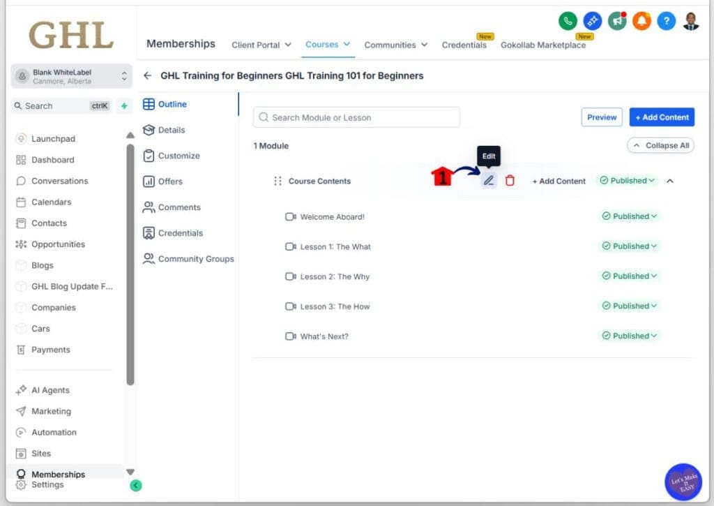 GoHighLevel build online course – Edit the First Module