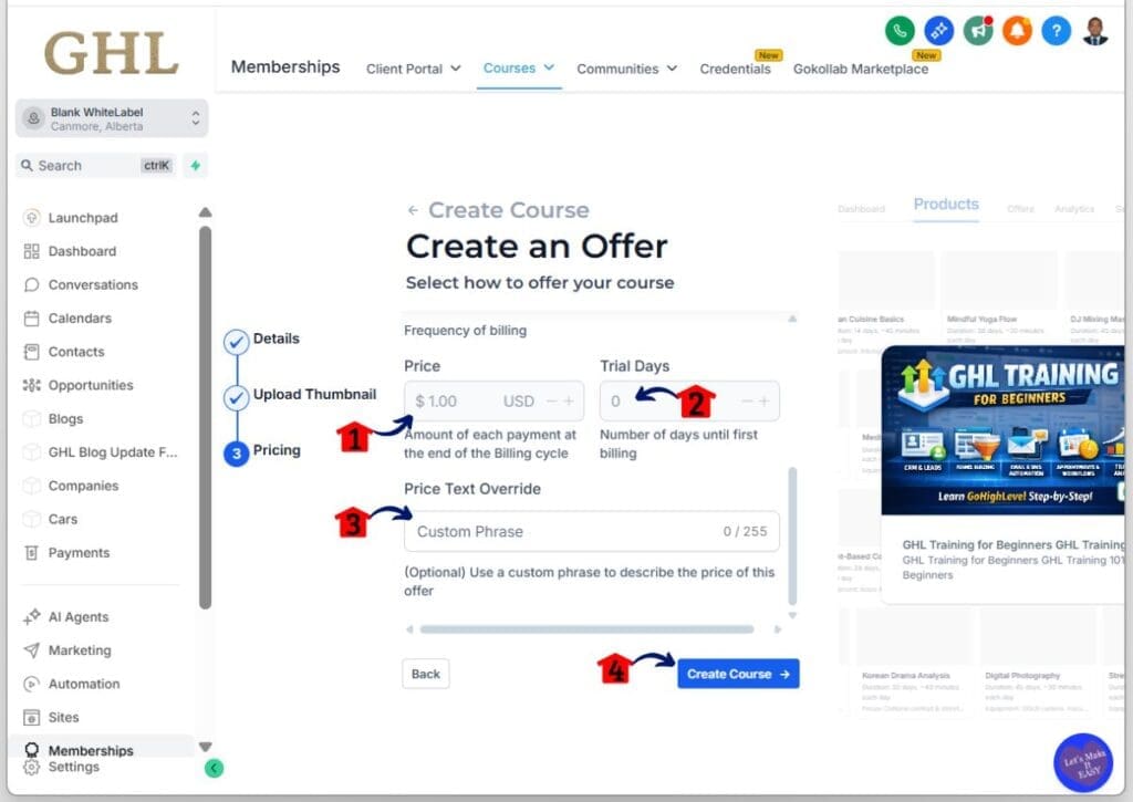 GoHighLevel build online course – Set Price and Billing Options