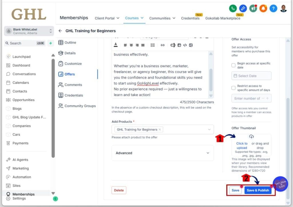 GoHighLevel build online course – Upload Offer Thumbnail and Publish
