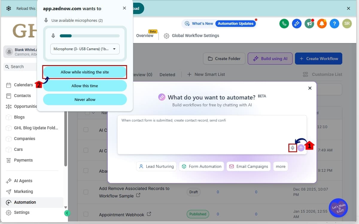 Voice workflow Builder - Activate the Dictate button in the What do you want to Automate box