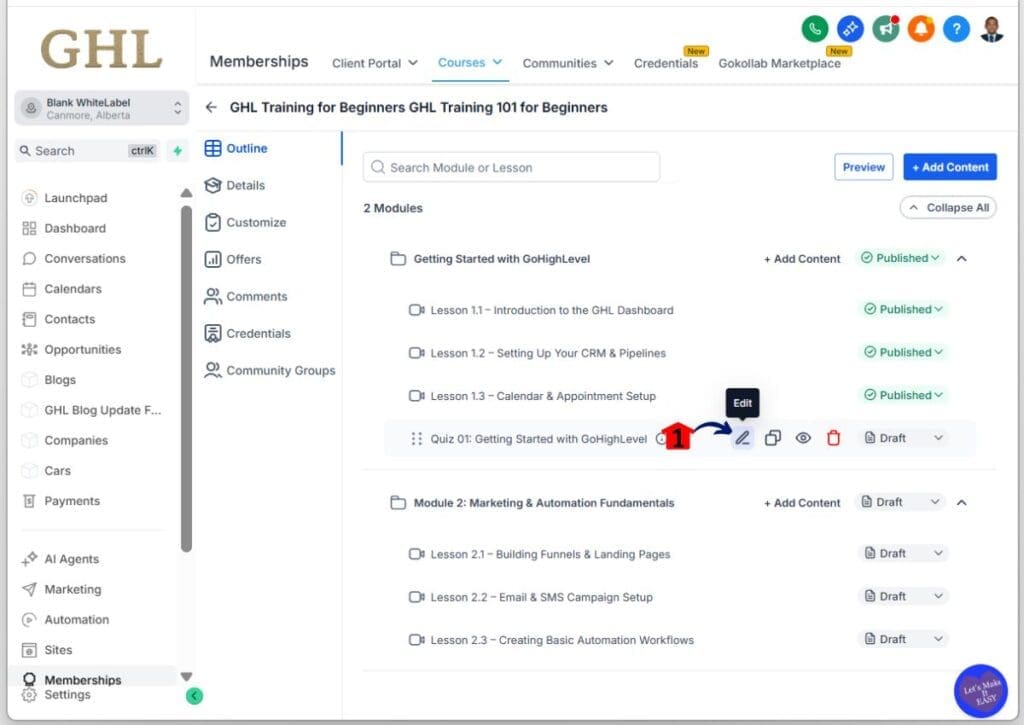 build online course – Open and Edit Quiz Settings