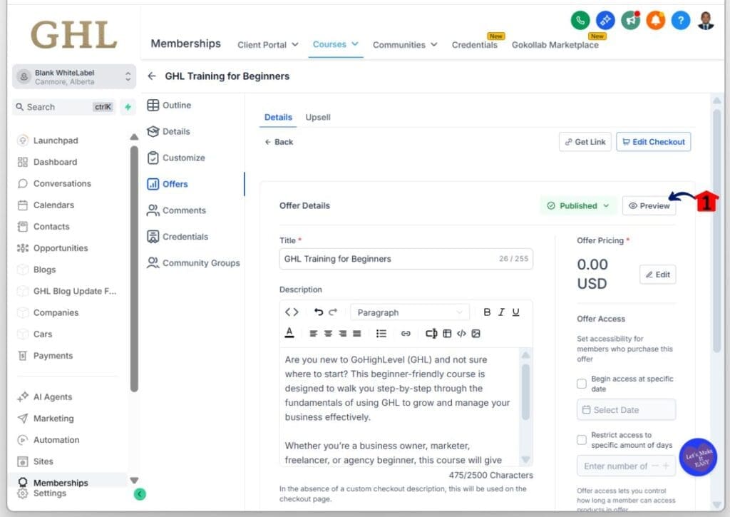 build online course – Preview Course Checkout Page