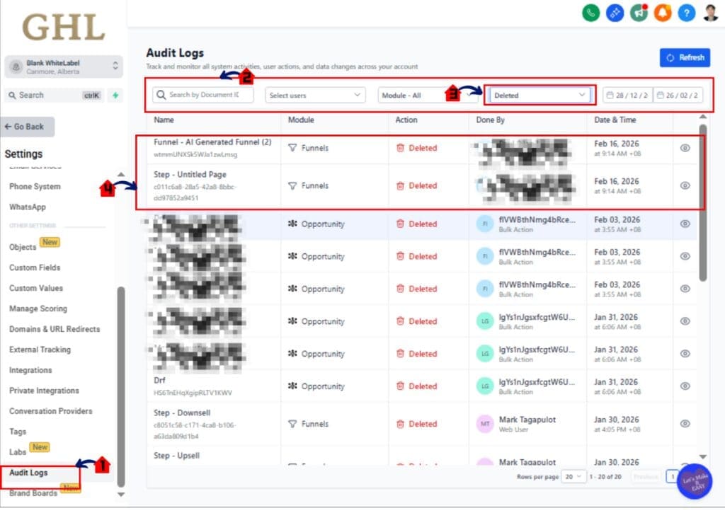 ghl-builder-audit-logs-02 GoHighLevel Builder Audit Logs filter Deleted actions view
