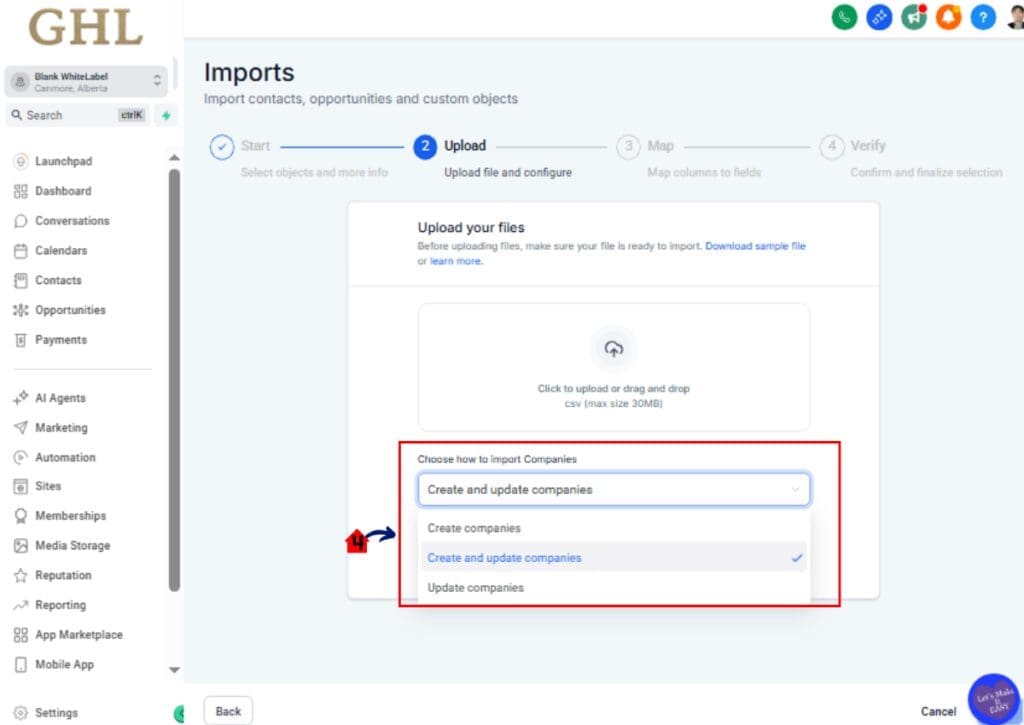 GoHighLevel Bulk Company Import – Start New Import