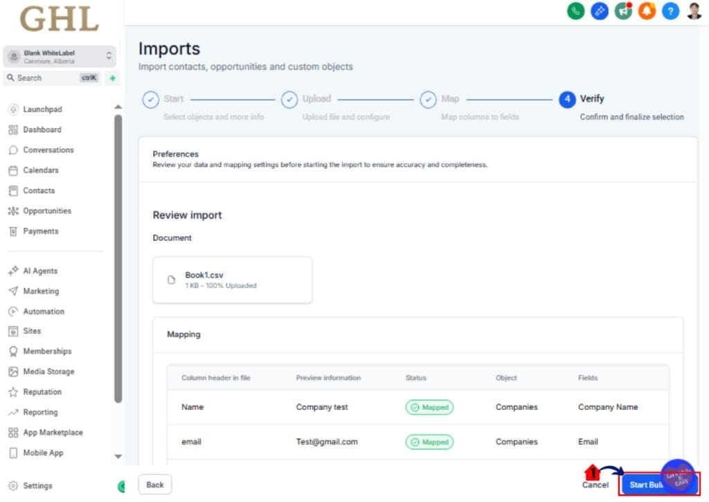 GoHighLevel Bulk Company Import – Verify Import Settings