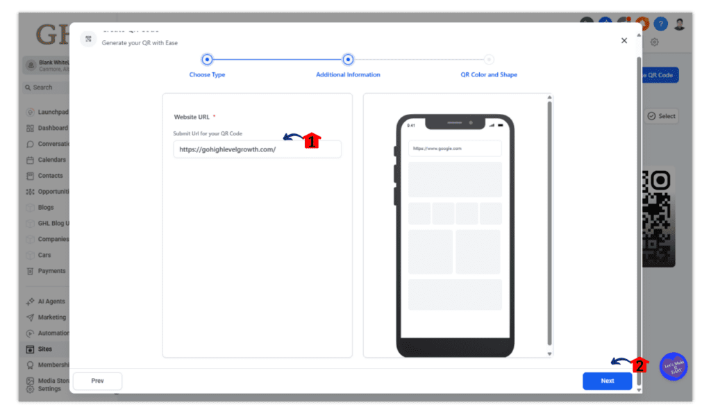 Direct link or phone number for QR