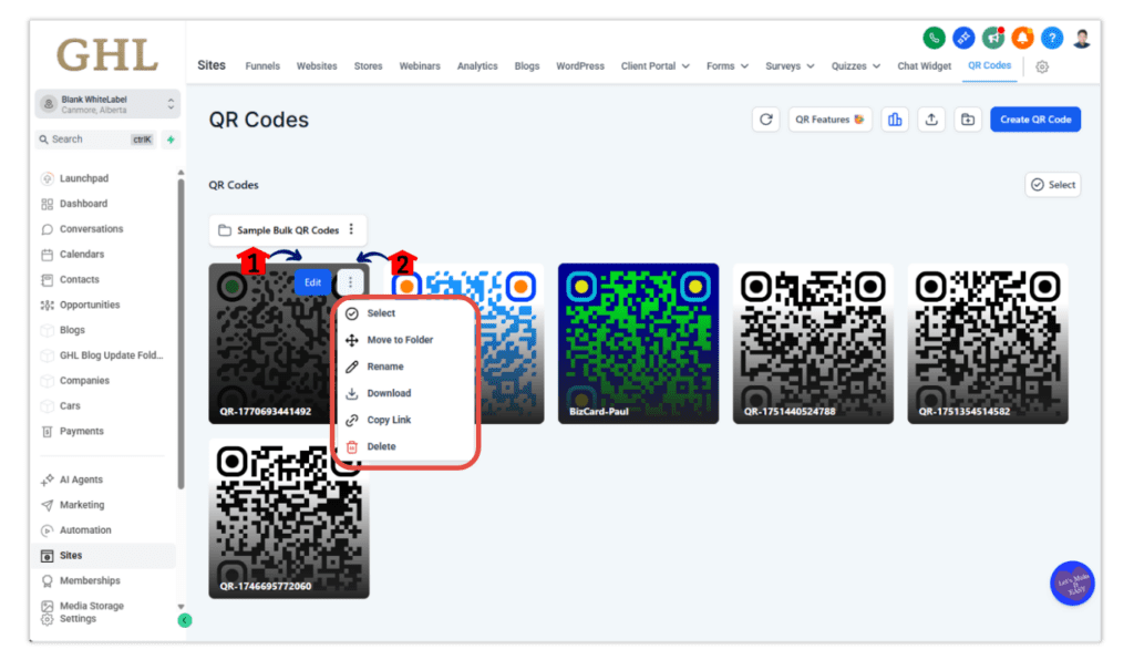 Managing QR Codes created
