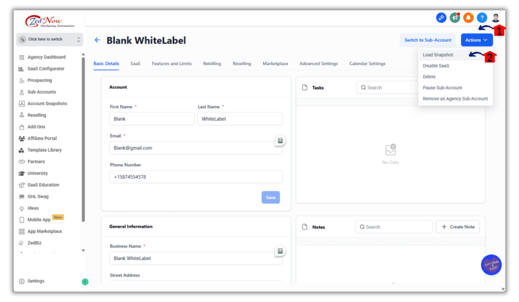 Sub-account Manage View page