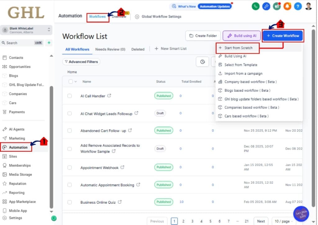 GoHighLevel monday workflow automation – Access the Workflows page