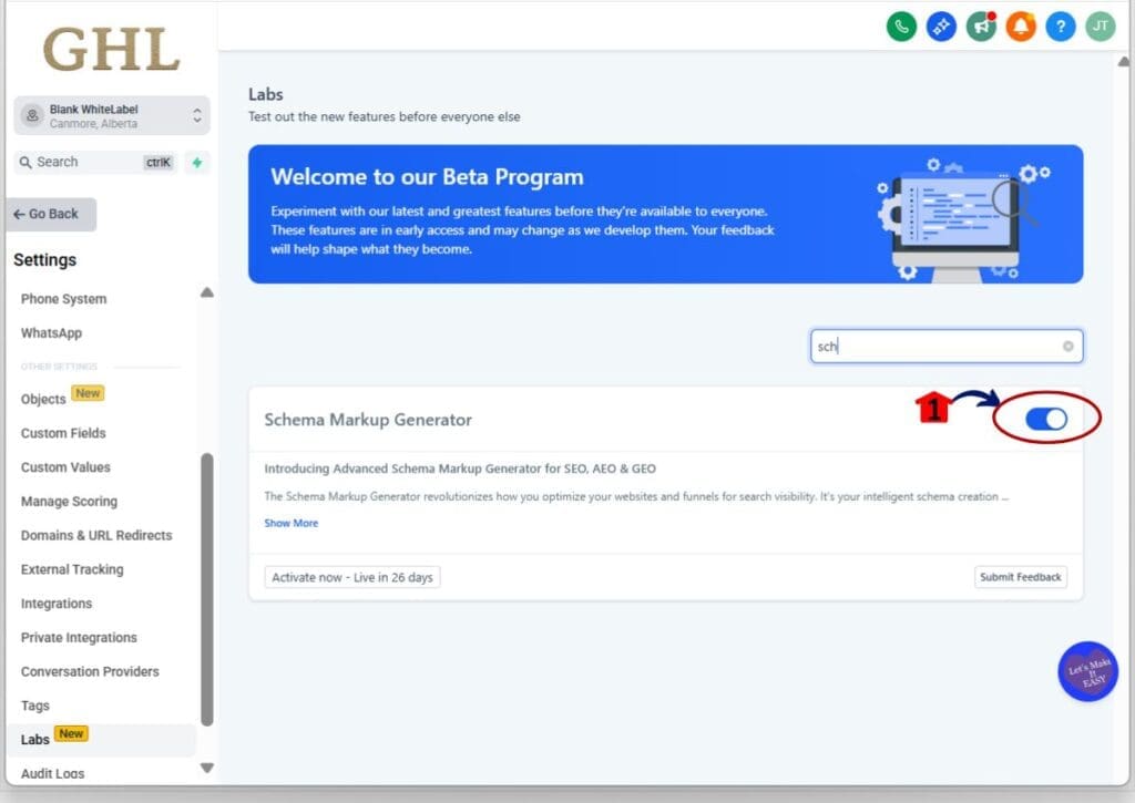 gohighlevel schema markup generator - activate