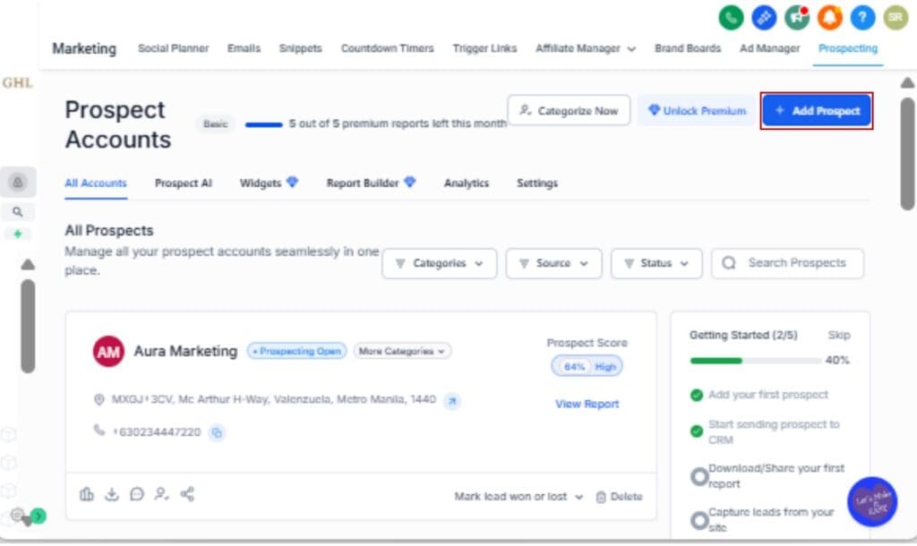 GHL Sales pipeline automation
 - Select and Add Your Prospect