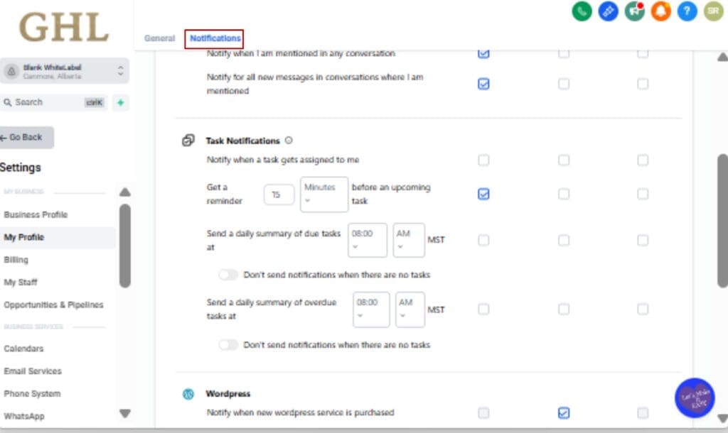 Task Notifications - Go to Notification Settings