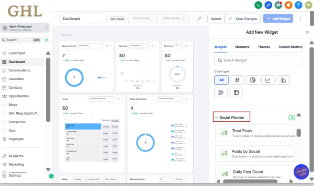 GoHighLevel Social Media Analytics
 - Find & Add Social Planner Widgets