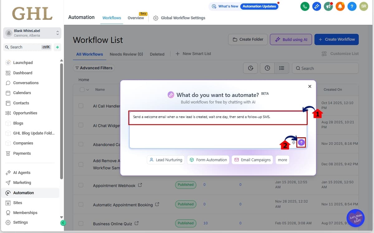 GHL AI Workflow Builder
 - Enter Your Automation Prompt in AI Builder