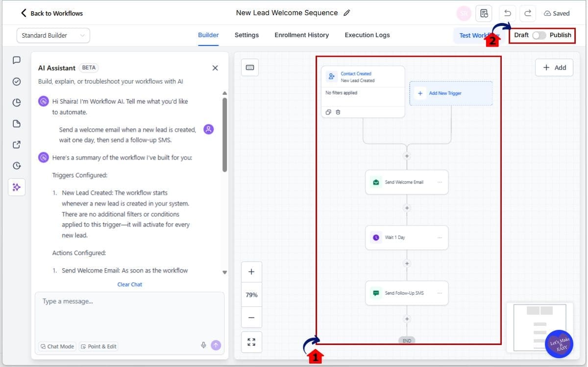 GoHighLevel AI Workflow Builder
 - Review the Generated Workflow and Publish the Workflow