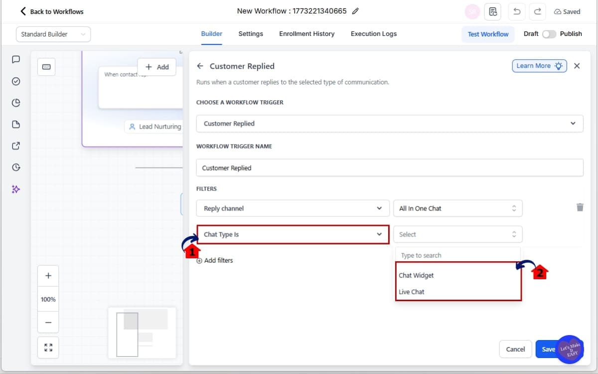GoHighLevel Chat Reply Trigger - Choose the Chat Type in the action