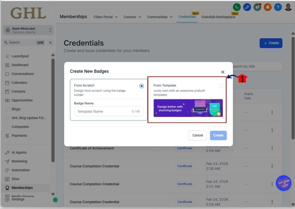 course-certificates-badges-from-template course certificate - Click the From Template option inside the Create New Badges popup