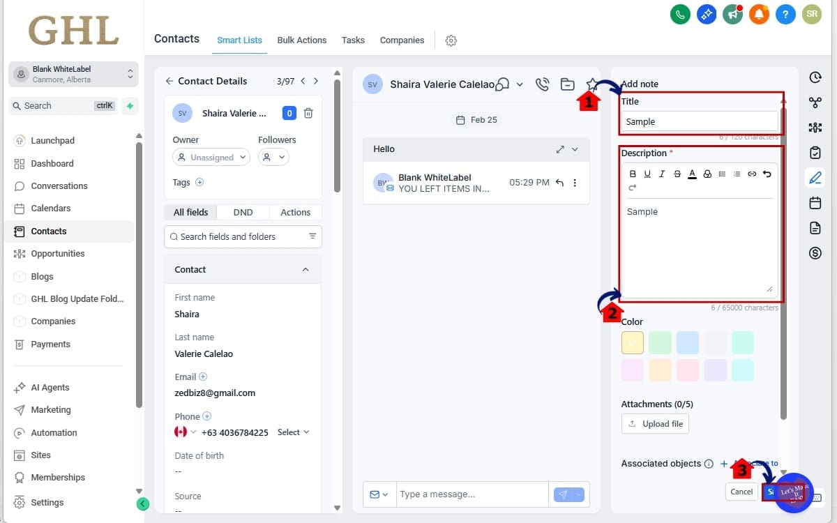 GHL Custom Object Notes
- Enter the Title and Description for the Note