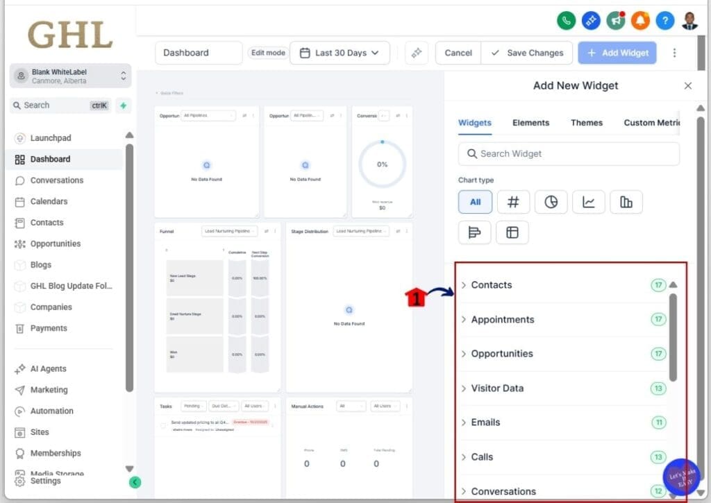 customize-dashboard-widgets-adding GHL customize dashboard widget - Choose a set of widgets to add to your dashboard