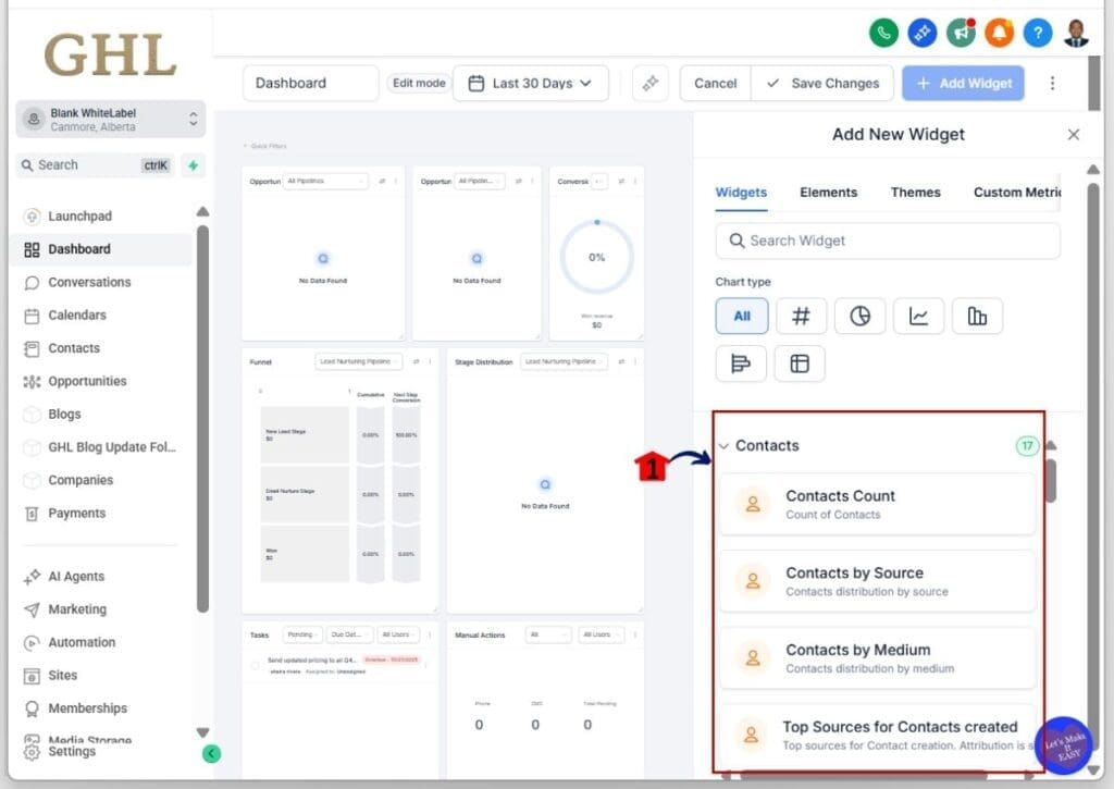 customize-dashboard-widgets-contacts GoHighLevel customize dashboard widget - Choose a specific widget of that type to add