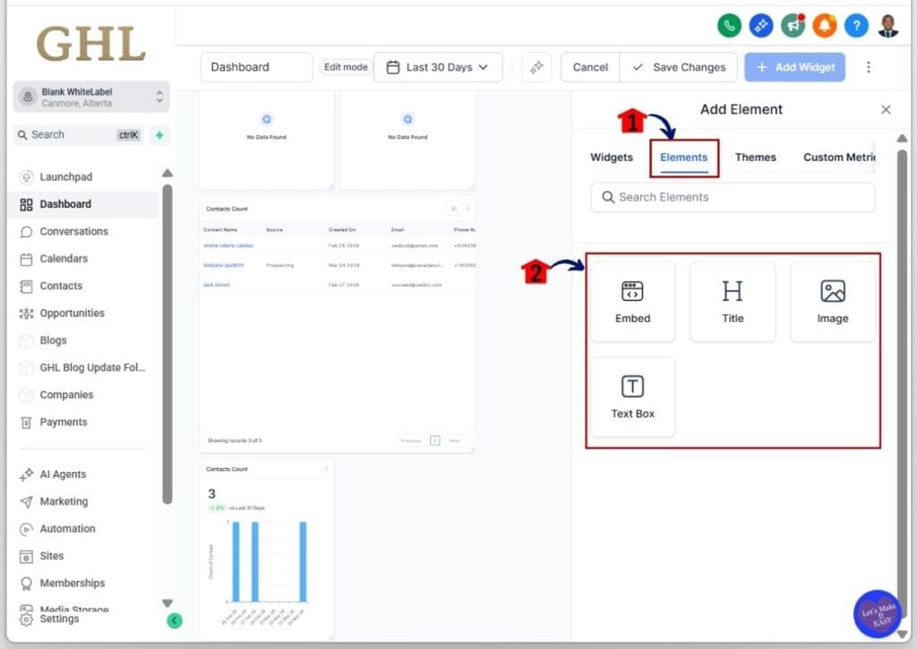 customize-dashboard-widgets-elements GoHighLevel customize dashboard widget - Add an element to your GHL Dashboard