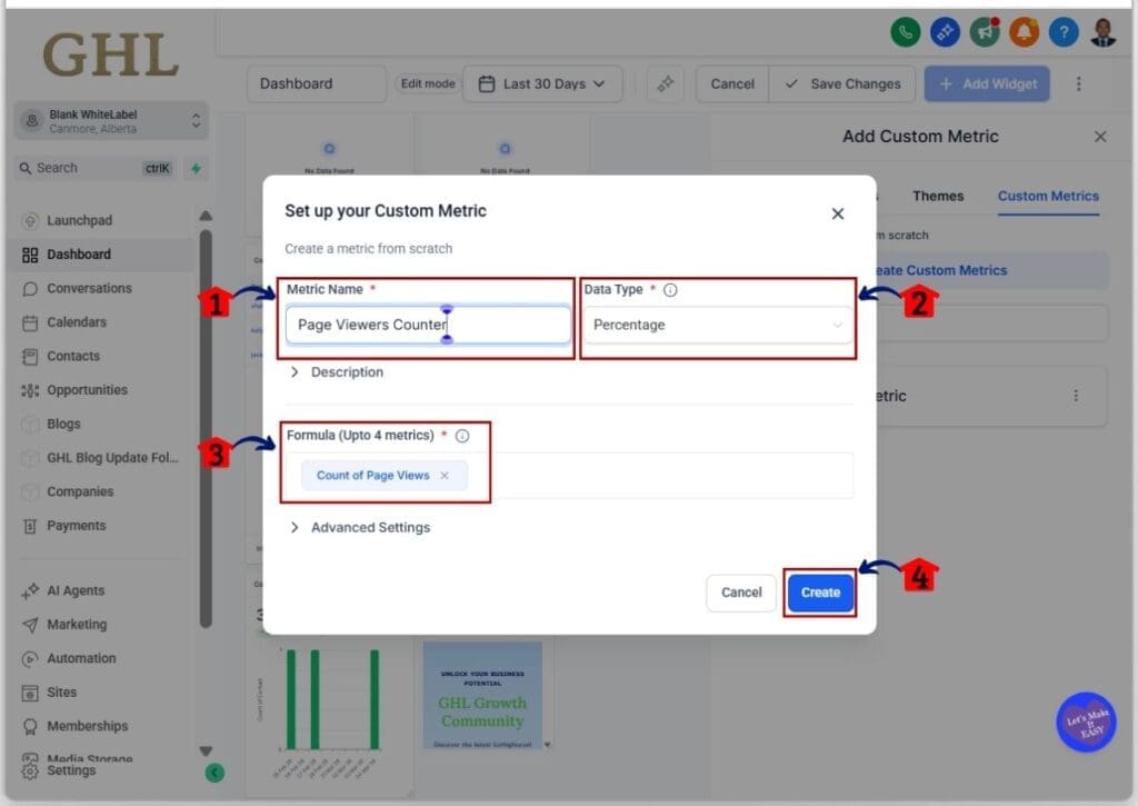 customize-dashboard-widgets-set-custom-metric GHL customize dashboard widget - Set up your Custom Metric