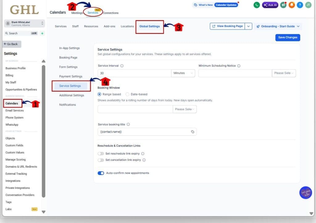 ghl fixed booking window - services