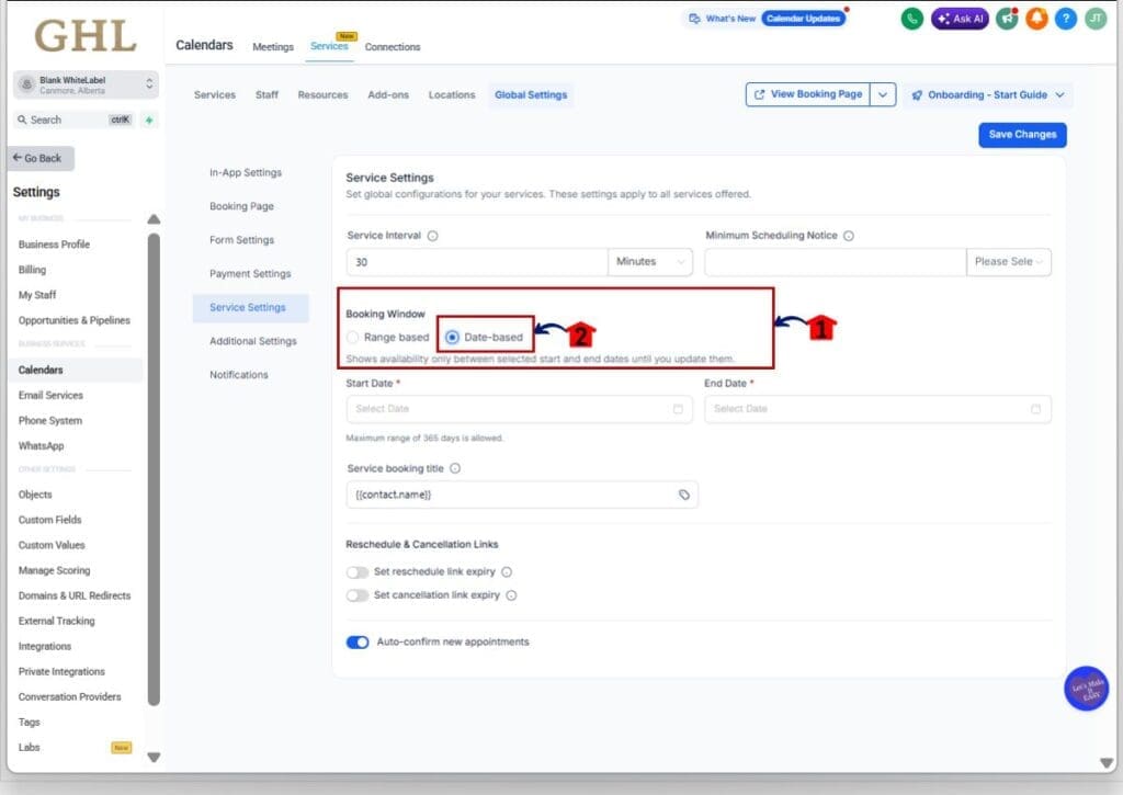gohighlevel fixed booking window - range