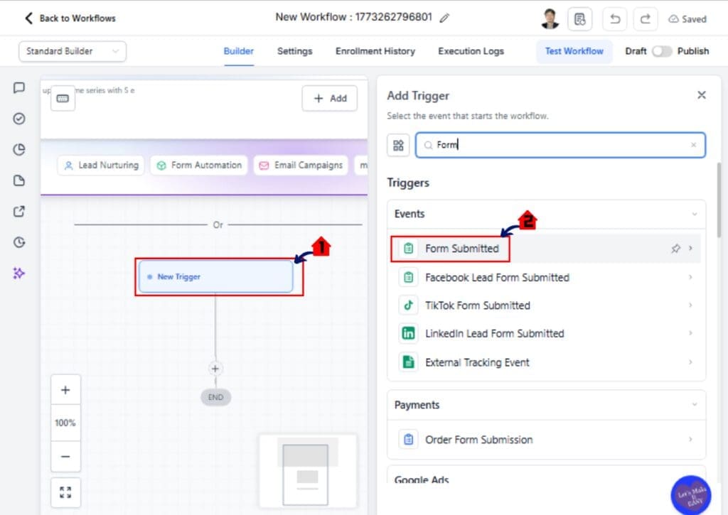 GoHighLevel automation workflows add a form submitted trigger