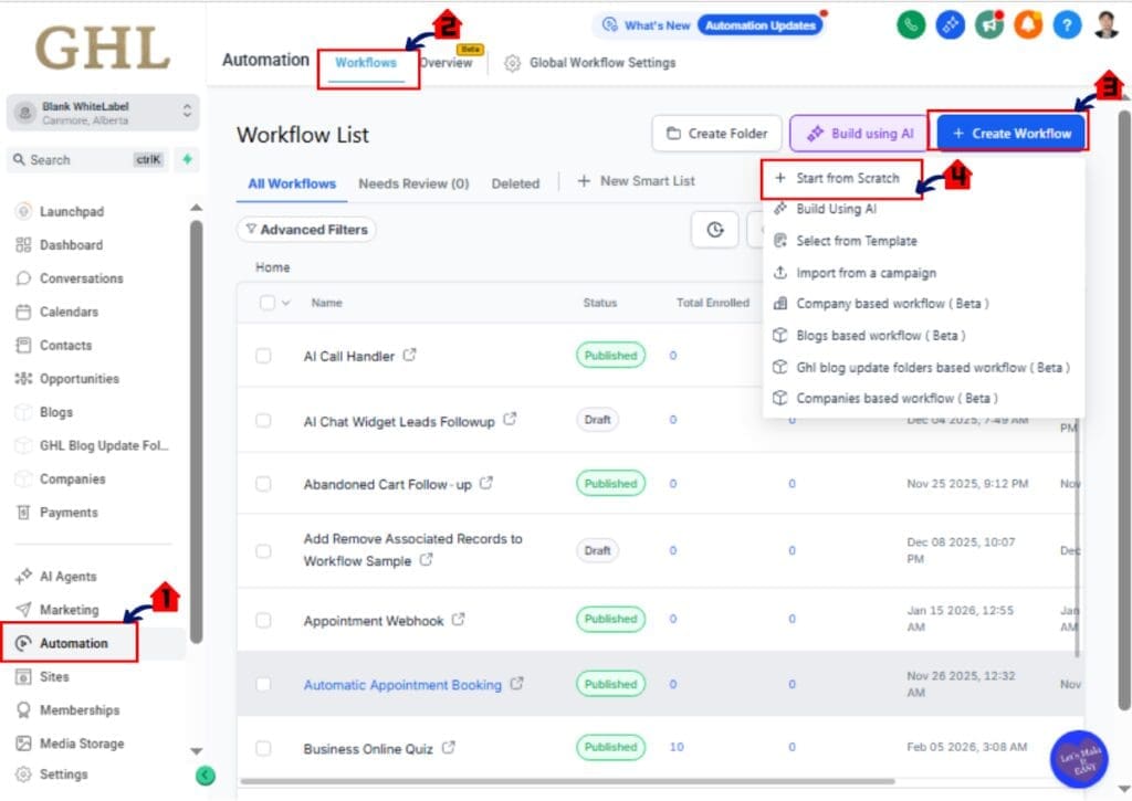 Automation Workflows – Access the Workflows page in GoHighLevel