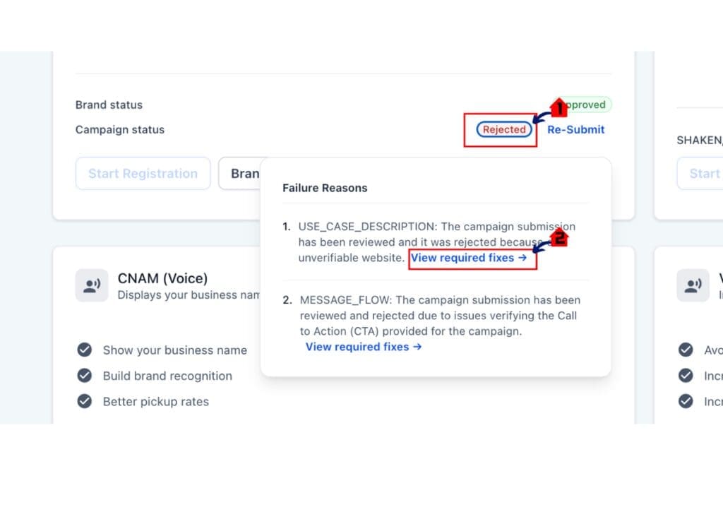 GHL A2P Campaign Rejection status showing rejected campaign details in GoHighLevel