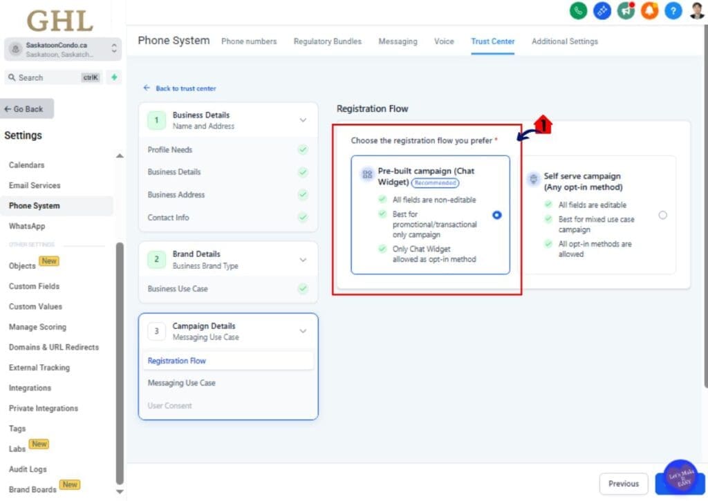 ghl-a2p-pre-built-campaign-06 GHL A2P campaign registration select pre-built Chat Widget campaign