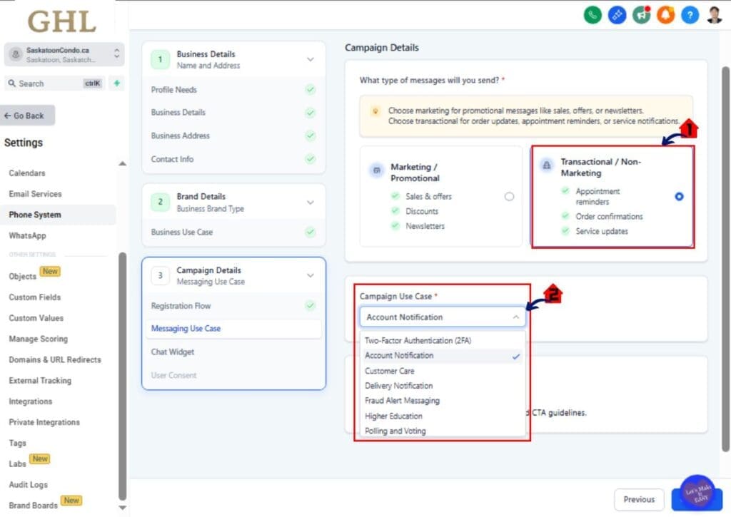 ghl-a2p-pre-built-campaign-07 GoHighLevel A2P campaign registration choose message type