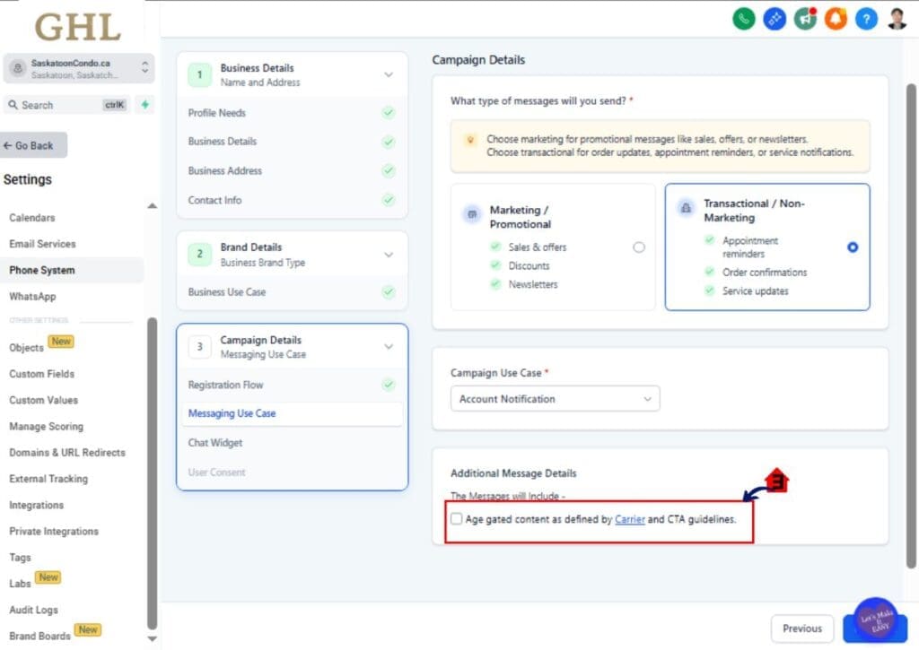ghl-a2p-pre-built-campaign-08 GHL A2P campaign registration select messaging use case
