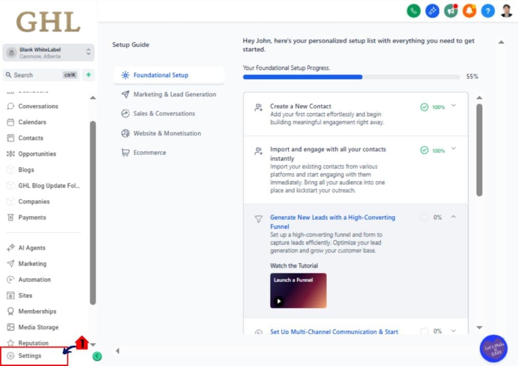 GoHighLevel Settings area to enable AI Blog Generator in Labs